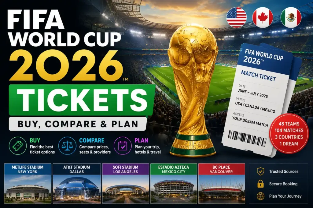 FIFA World Cup 2026 tickets featured image showing a stadium, match ticket, trophy, and host country flags for fans comparing ticket options and planning travel